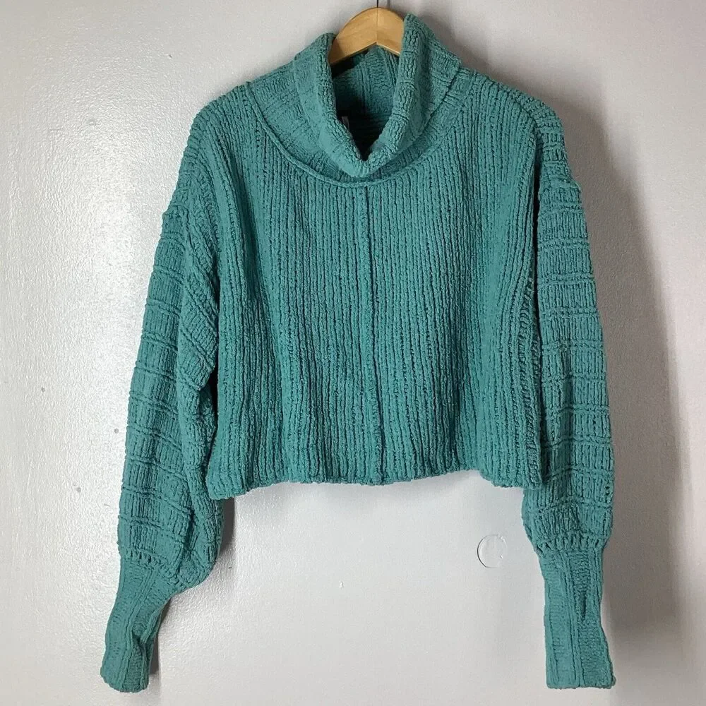 Free People Be Yours Fun Textured Mock Cowl Neck Boxy Sweater Emerald XS NWT